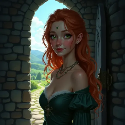 A dark fantastic image of a magical young woman with bright red loose long slightly curly hair, decorated with a scattering of delicate freckles of a cold shade on the bridge of her nose and cheeks, which contrast with pale, porcelain-smooth skin shining w...