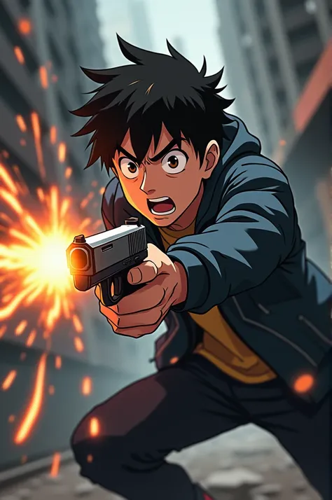 Anime scene of a young man being shot 
