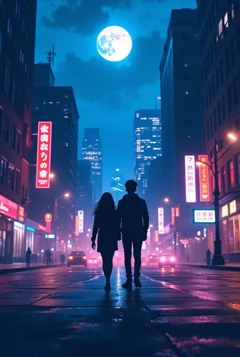 Create a vivid and atmospheric album cover for a song titled City of Night Lights. The image should capture the essence of a bustling city at night, illuminated by neon lights and glowing street lamps. The city should be alive with energy, yet filled with ...