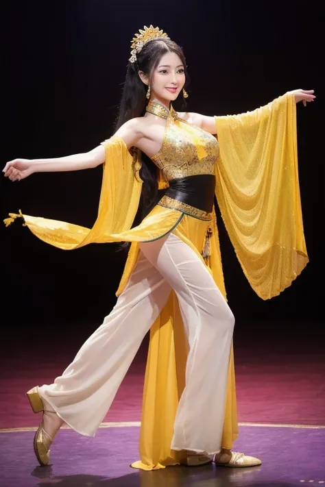 The woman is wearing an ancient dance costume, including a yellow full-length halter top blouse, and black  chiffon trousers on the bottom. She is an oriental beauty with a very Chinese style. The costume is very Song Dynasty style. She has her back to the...