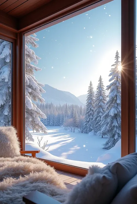 view from the large panoramic window on a frosty morning on a snow-white sparkling landscape with snow-covered trees. The house has a warm atmosphere, comfort. Super realistic photo, high detail images 