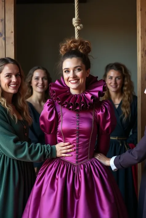 (realistic photograph close up sideways), (a pleased beautiful Caucasian lady with (messy hair bun), she is wearing (a historical elaborate shiny fuchsia silk high neckline gown with (long gigantic puffed sleeves), (and with an ultra high tight stand-up co...