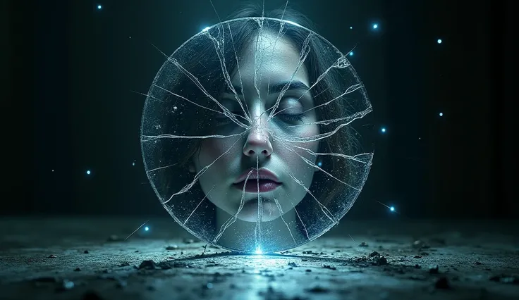 Image: A cracked or shattered mirror with a reflection of a person, but the person’s image is broken or distorted. The fragments reflect different parts of their face, symbolizing the fragmented nature of our perception of reality.
Visual Impact: The broke...