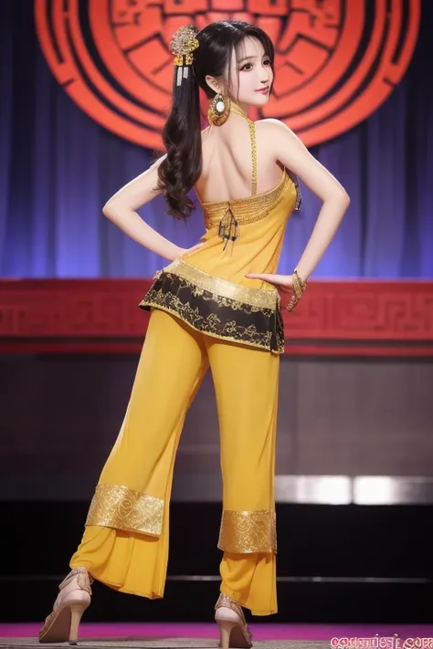 The woman is wearing an ancient dance costume, including a yellow full-length halter top blouse, and black  chiffon trousers on the bottom. She is an oriental beauty with a very Chinese style. The costume is very Song Dynasty style. She has her back to the...