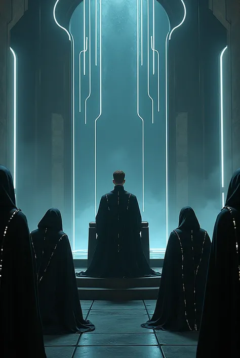 Create an image of a wide cyberpunk themed black secret base full of thin line of white neon across the room with a brown short crop haircut and brown eyes man sitting on a higher level majestic throne in the middle with his followers facing him on their k...