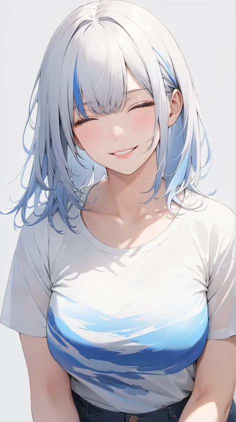 face details,semi realistic, Masterpiece, Master work, perfect , 4k, 1woman, mature body, big size breast, straight shoulder-length hair, ponytail hair style, flat Bangs hair style, white colored hair, (((blue-streaked white hair))), closed eyes, gentle sm...