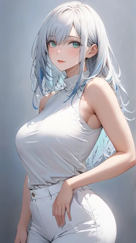 face details,semi realistic, Masterpiece, Master work, perfect , 4k, 1woman, full body display, adult woman, mature body, big breast breasts, straight shoulder-length hair, flat bangs hair style, white hair, white colored hair, (((blue-streaked white hair)...