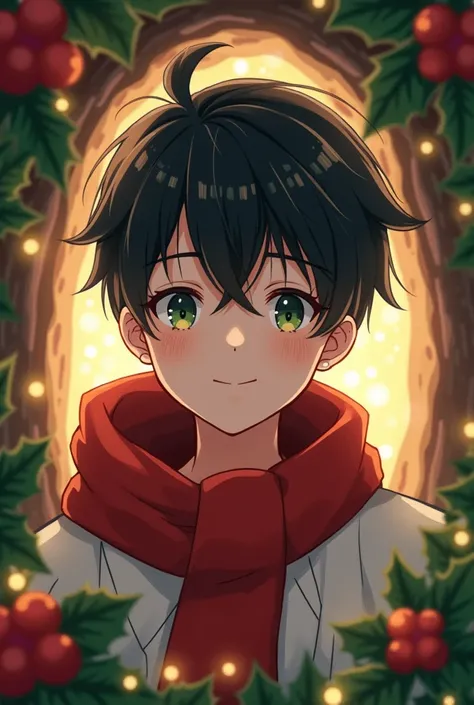  male character.Anime with black hair and greenish brown eyes with a Christmas burrow
