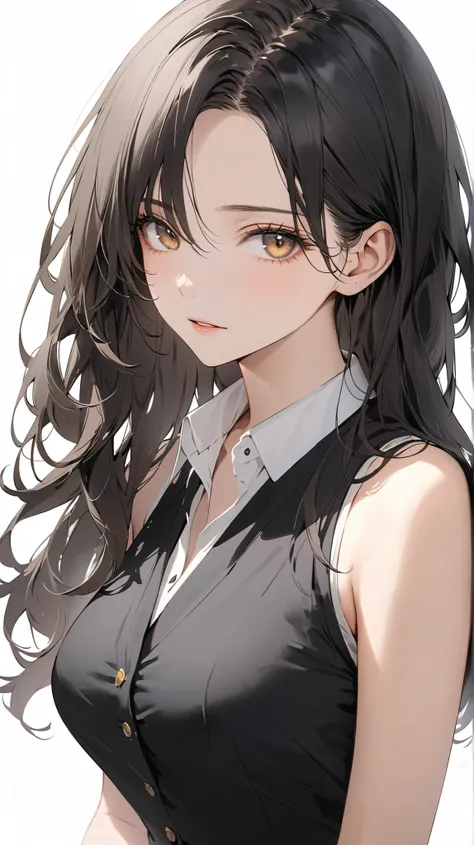 semi realistic, Masterpiece, Master work, perfect , 4k, 1woman, mature body, slim body, medium size breast, straight half body long hair, middle parted hair style, large forehead, black colored hair, pointed eyes, golden eyes, NO expression face, parted li...