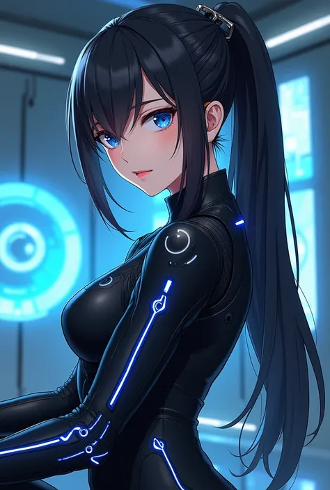 An anime-style illustration of a female character with a sleek all-back hairstyle, featuring short hair tied into a minimalistic ponytail at the back. The character is dressed in a black futuristic suit with glowing blue accents and intricate designs, addi...