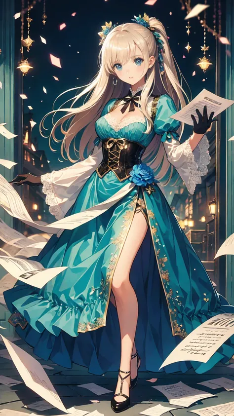 ,  full body view,  Head to Toe Composition, (  masterpiece  ), ( top quality),  Victorian Girls Illustration  、cute girl、Anime、 1. **Low Fashion**:  Victorian Fashion  、 It features a gorgeous and elegant design 。Ruffles and lace、  corset 、  Incorporating...