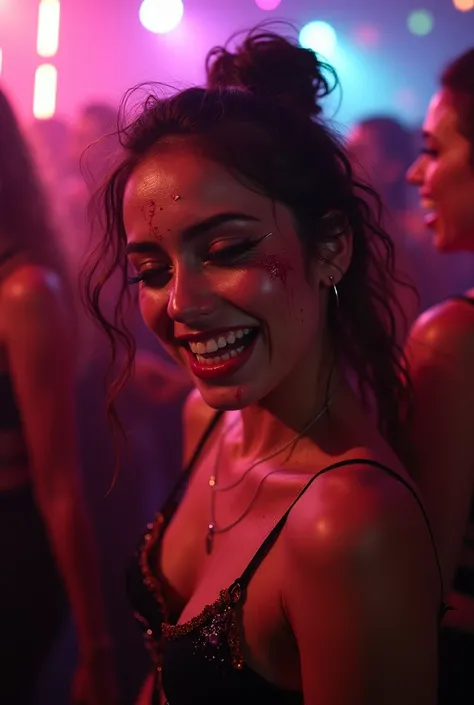 Young woman dancing at the club with runny makeup on her face