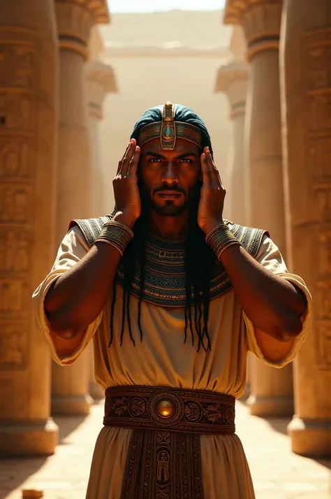 An Egyptian man listens intently with his hands in his ears