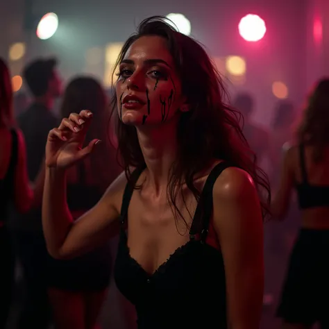  young woman dancing at the club with makeup on her face dripping, Reminiscent of sad ,  crying