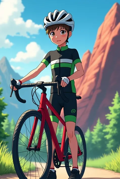 Made in anime style a young boy ，Wearing black and green cycling jerseys and pants，He was wearing half white and red gloves ， He was standing next to a red mountain bike wearing a white bike hat，Background is on a road 