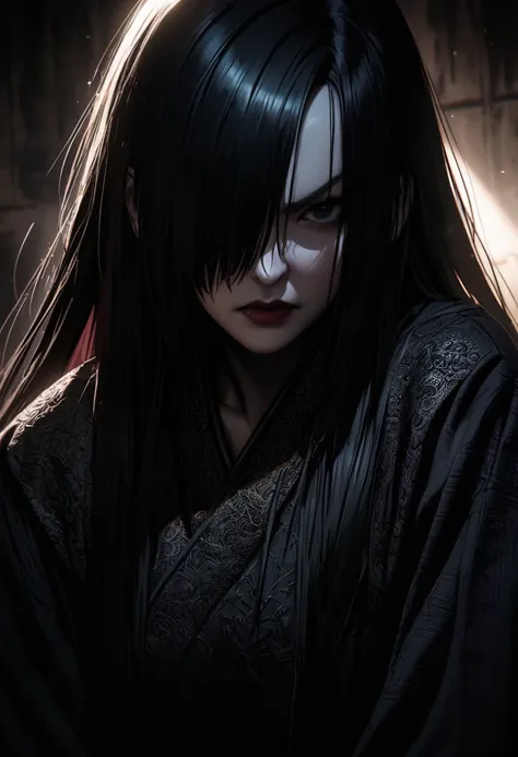 mature female, black long straight hair, hair over one eye, penetrating black eyes, angry, looking at viewer, gothic traditional japanese style, dark moody atmosphere, posing for a heavy metal band photo, ultra-detailed,dramatic lighting,dramatic shadows,c...