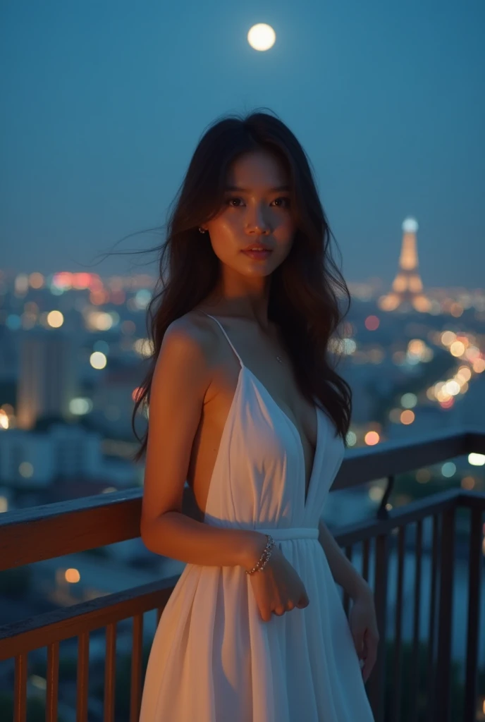 A beautiful Thai woman .Standing on the moonlit balcony, dressed in a white evening dress, thin to the point where the waistline was visible..  The cityscape in the background shines with soft flickering light. Hers gently flutters in the breeze, creating ...