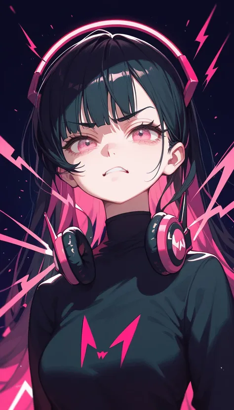  ,gloomy,Black hair,In pink eyes , Medium Bust ,Have headphones,Black fitted sleeve shirt,Irritated face,Dark circles under the eyes, shorts, black pantyhose,Electric power