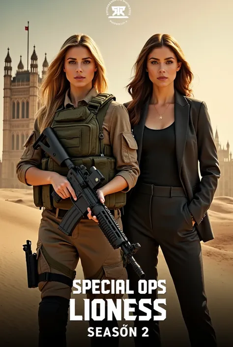  Create a promotional poster for Season 2 of the Paramount series + Special Ops: lioness. 
main character:  The two women featured prominently .  A person dressed in military clothing , holding a rifle,  the other is wearing a business suit , khoanh tay.  ...