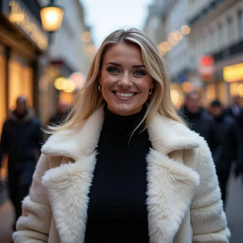   Blonde woman  , Blue eyes, delgado,  curvy and large ,  perfect breasts  ,  dressed in an elegant black winter sweatshirt, wearing a white fur coat ,  strolling down Regent Street ,  London decorated with Christmas lights .  full body. laughing