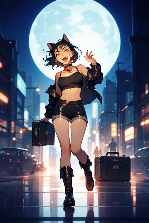 A catgirl woman, with black fur, golden eyes, choker with bell, wearing a black top, black shorts and heavy duty boots, holding a black leather briefcase in her hand, laughing while escaping from an dark office by running and doing parkour. at night, darkn...