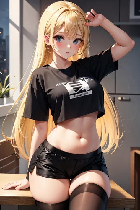 Blonde　 black stockings　 sneakers　Micro Shorts　　Ｔ shirt　 belly button out