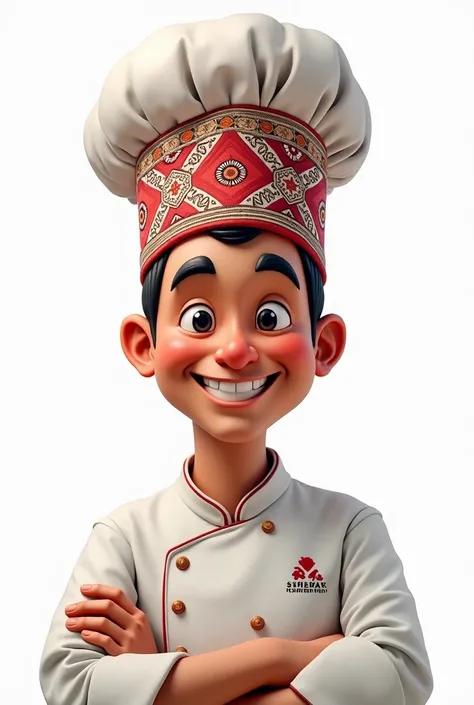  on a white background , Create a smiling chef  , With black hair  ,  poster with a Yemeni shawl pattern on his head for the logo,  character in the form of a Dont Do  