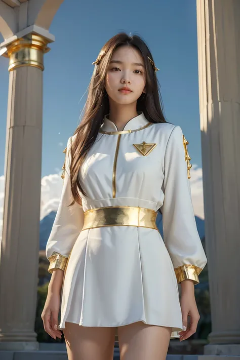 ((masterpiece, best quality, extremely detailed), volumetric lighting, ambient occlusion, colorful, glowing), 1girl, solo, young girl, (dark hair), long hair, halo, aura, sacred, goddess, cleric suit, (white outfit with gold detailst:1.3), armor, outdoors,...