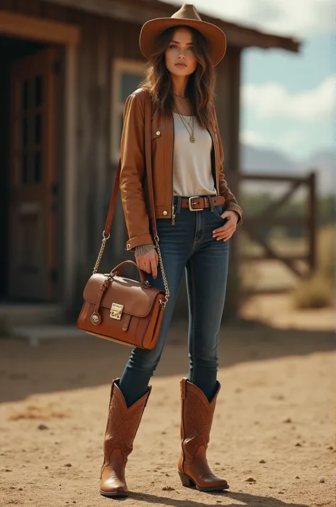 Girl with Michael Kors bag in cowboy boots 