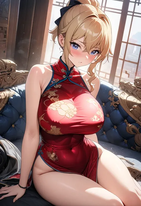 8k, masterpiece, best quality, ultra detailed, Ultra-high resolution, Highly detailed CG, break, 1girl, jean(genshin impact), kawaii, nsfw, big breasts, slender, (Cheongsam:1.2), full body, indoors, sitting on sofa
