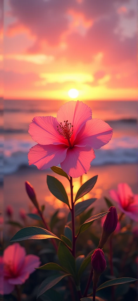 limelight, A pink flower, the background is the beautiful sunset by the sea,  real texture , warm, 8K