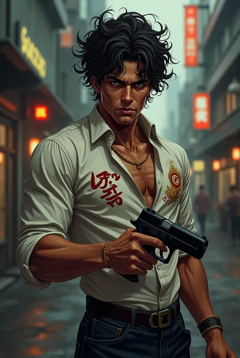 Gta Brazilian brunette man curled hairdo curly nudred wrapped gun in hand written YAKUZA on blouse