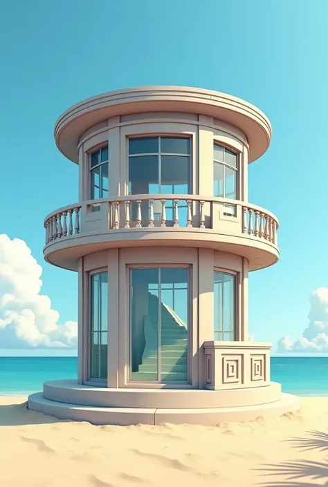  A 2-story kiosk ,  the one at the bottom is completely open , The one at the top is closed , Circular,  a staircase that leads from the first floor to the second,  on the beach , no windows e maior, no windows, Greek architecture style