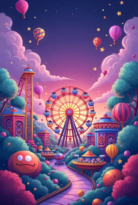 Generate a cover page for a book that is about amusement park rides with purple color and cute designs