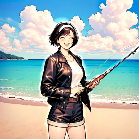 1 girl, solo, bust, blush, smile, short hair, open mouth, bangs, shirt, black hair, long sleeves, holding, standing, collar bone, jacket, closed eyes, white shirt, flower, :d, ((white headband)), outdoors, sky, shorts, teeth, day, belt, clouds, water, open...