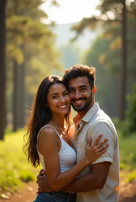  Latin couple in the park ， happy expression ， Behind it is a pine forest.，sunny，forehead，Fujifilm lenses 