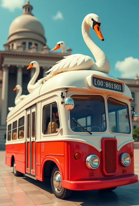 A bus red and white color full of swans infront of a building