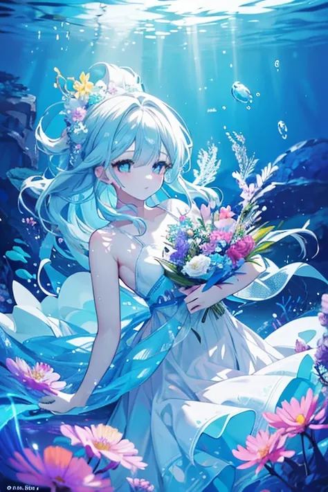 a beautiful girl swimming underwater, surrounded by colorful flowers, serene and tranquil underwater scene, beautiful detailed eyes, beautiful detailed lips, extremely detailed eyes and face, long eyelashes, elegant flowing dress, graceful movements, under...