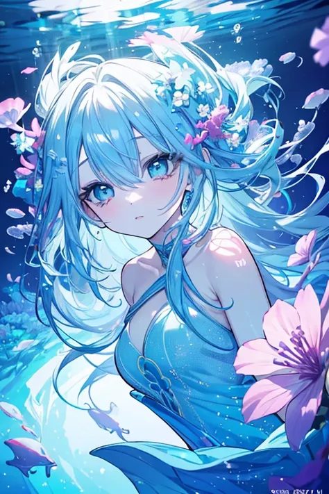 a beautiful girl swimming underwater, surrounded by colorful flowers, serene and tranquil underwater scene, beautiful detailed eyes, beautiful detailed lips, extremely detailed eyes and face, long eyelashes, elegant flowing dress, graceful movements, under...