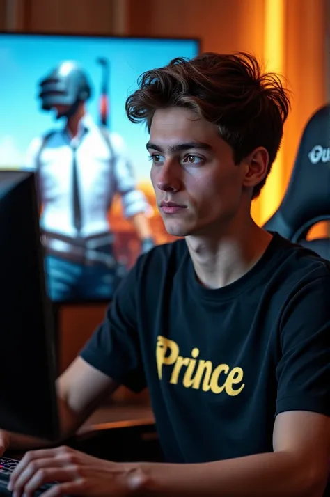 A 20 years old boy which is playing pubg on the luxury screen and his wear the black shirt and this name on his shirt PRINCE