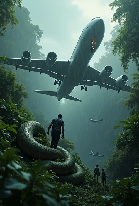 A huge plane with 4 large engines in the jungle falling in the rain passengers in the white plane for falls while a giant anaconda squeezes a passenger  