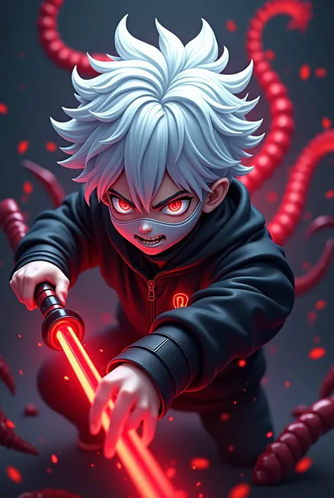 Design a dynamic 3D gaming 3840 × 2160 4K resolution logo with a bold red character, a fierce boy with white hair holding a glowing weapon in place of thunder boldly in white at the center, radiating intensity, and 1boy,8k, anime, portrait, best quality, u...