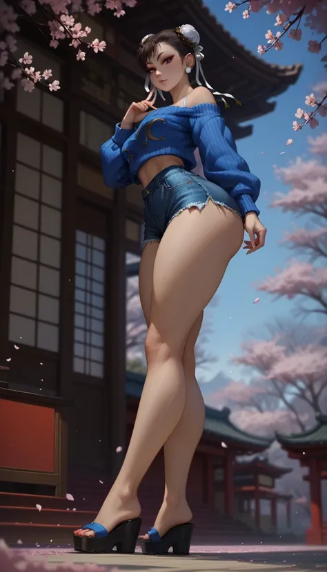 score_9, score_8_up, score_7_up, 1girl, solo, beautiful waifu, thicc, (Chun-Li:1.2), wearing (tight jean shorts:1.2), (off shoulder sweater:1.1), long legs, narrow waist, wide hips, plump butt, thick thighs, midriff, wedge sandals, detailed eyes, detailed ...