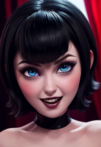  High quality and resolution animation of Mavis Dracula , Hotel Transylvania,  with blue eyes and random expressions ,  nsfw short black hair ,  Affiliated Fangs,  full lips and dark makeup cute face looking up at the viewer, big tits nsfw 