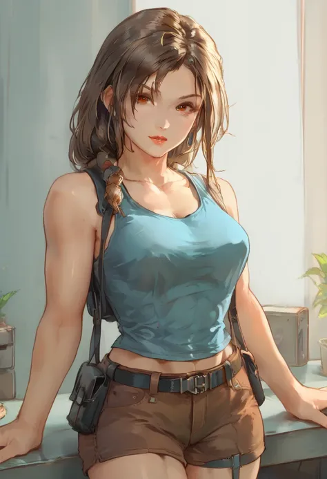 perfect eyes:1.2, detailed eyes:1.4, Lara Croft, single braid, brown eyes, teal tanktop, straps, brown shorts, thigh holster, cowboy shot, 1girl, solo, (masterpiece:1.6, best quality), 8k, insane details, intricate details, hyperdetailed, hyper quality, hi...