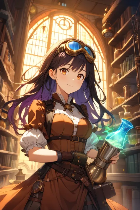 1 girl, (cute face), 19 years old, long hair, (focused expression), medium breasts, slim, (wearing a steampunk alchemist outfit with leather straps and goggles), knee length skirt, (holding a flask with glowing liquid), BREAK  
Alchemy lab, shelves filled ...