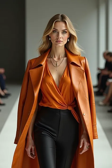 fashion photo of rebecca ferguson in amber orange leather coat , silk top and black satin pants, on the catwalk, jewelry