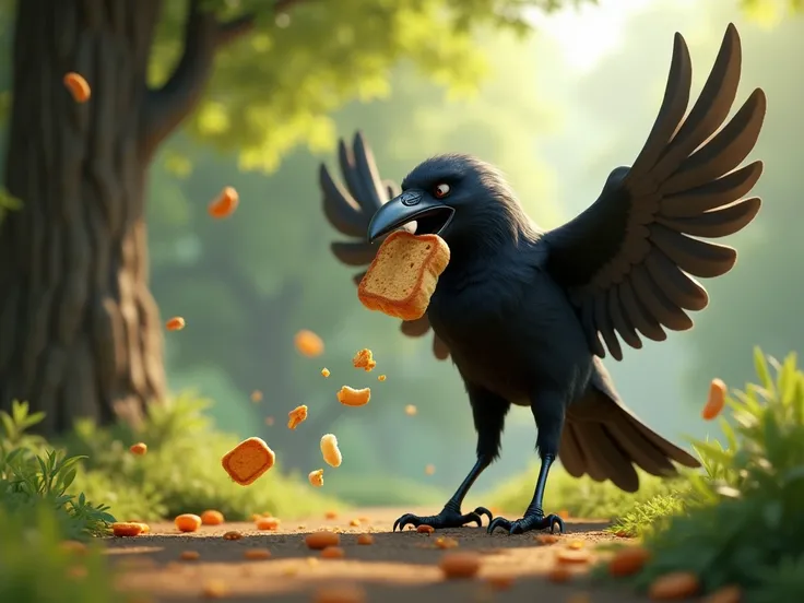 crow drop the piece of bread from the tree 3d animation  