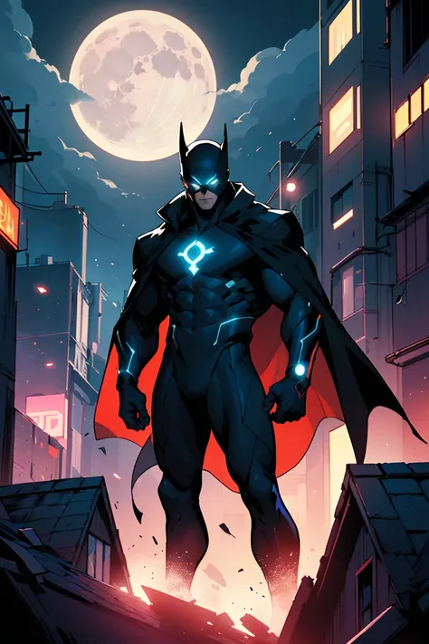 "A vibrant and dynamic comic book cover featuring Eclipse, a superhero in a sleek black suit with glowing silver accents and a flowing dark cape. Eclipse is standing heroically on a rooftop, shadowy tendrils swirling around their hands, exuding power and m...