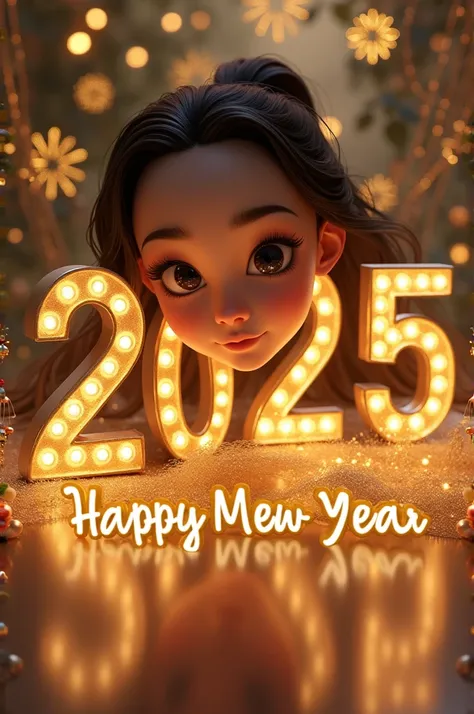 Attractive 3D rendering of a magnificent print dedicated to "2025" and "Happy New Year". The name is written in shimmering golden letters, adorned with a beautiful girl with a sweet face.